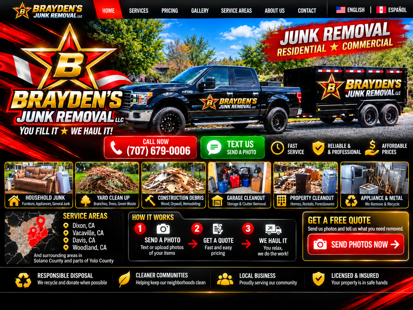 Brayden’s branded illustration of a black pickup and metal dump trailer